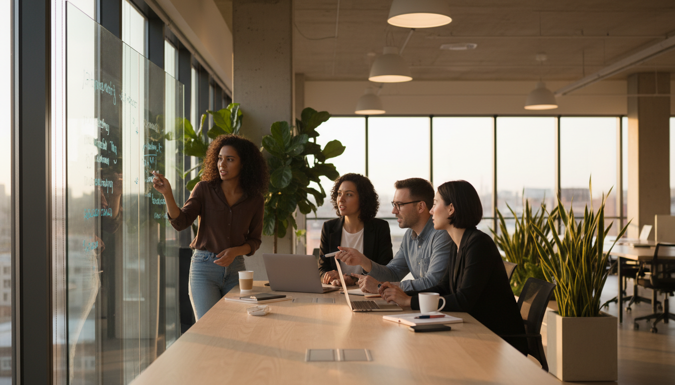 Upscale Business Consultancy team collaborating in modern office