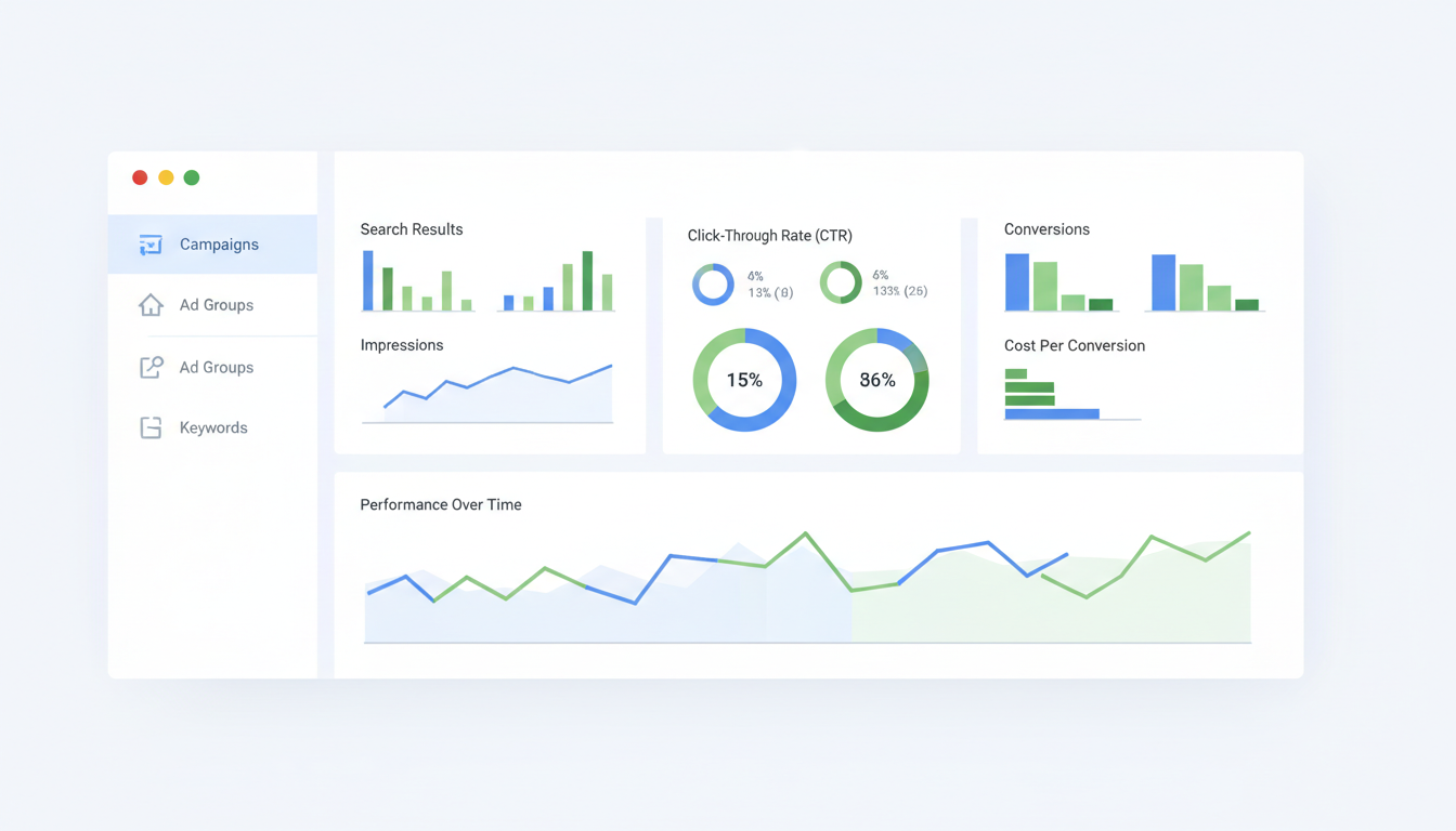 Google Ads campaign management dashboard with performance metrics